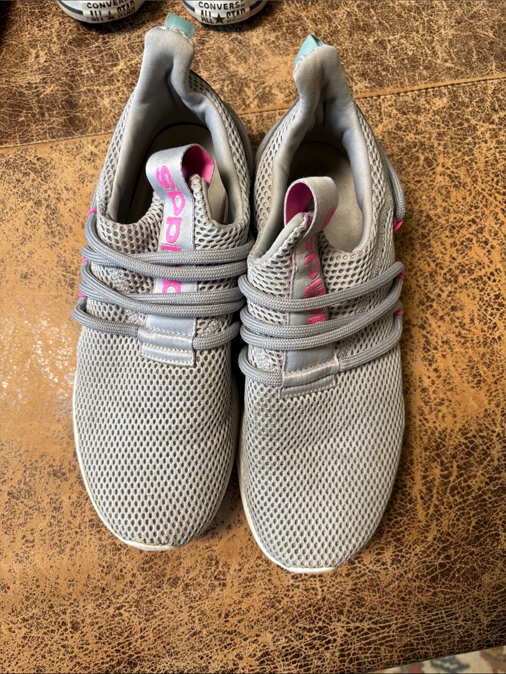 adidas Kids Grey Mesh Sneakers with Pink Branding